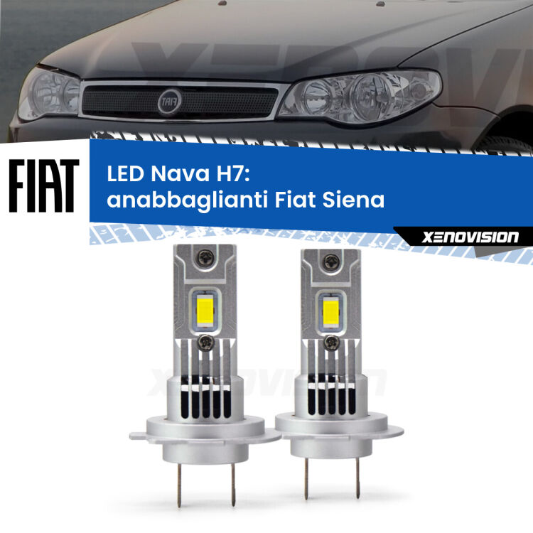 Anabbaglianti LED Fiat Siena  a parabola doppia: H7 Nava <strong>Anabbaglianti LED no-spie per Fiat Siena</strong>  a parabola doppia. Coppia lampade <strong>H7</strong> modello Nava canbus, raffreddate a ventola.
