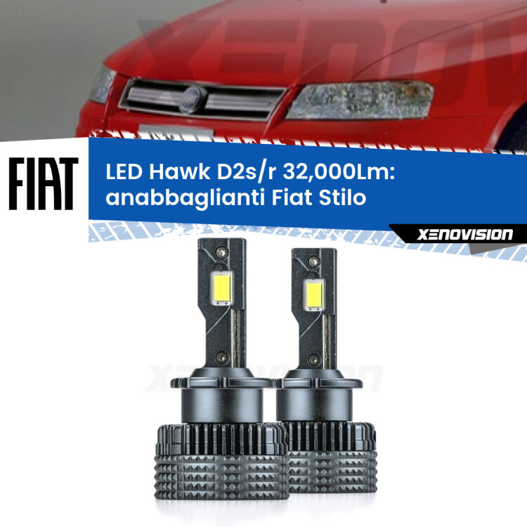 Anabbaglianti LED Fiat Stilo  2001 - 2006 - D2S/R 32,000Lm <strong>Kit anabbaglianti LED specifico per Fiat Stilo</strong>  2001 - 2006. Lampade <strong>D2S/D2R</strong> Canbus da 32.000Lumen di luminosità modello Hawk Xenovision.