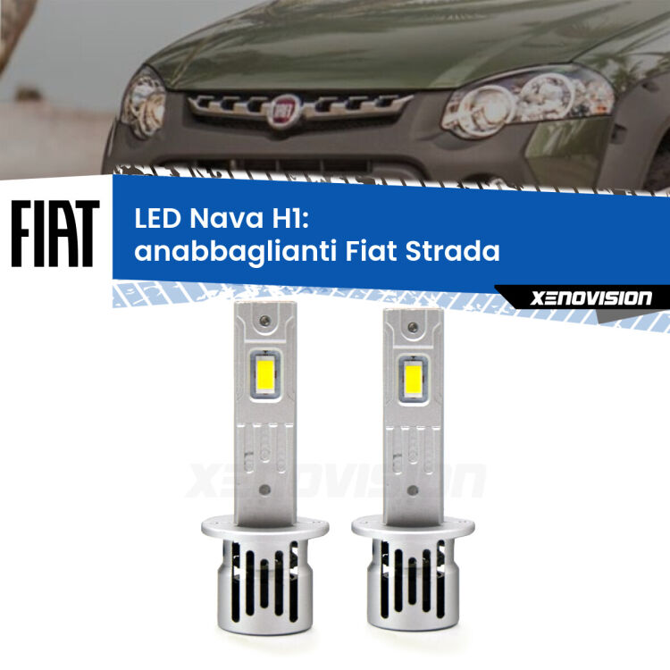 Anabbaglianti LED Fiat Strada  a parabola doppia: H1 Nava <strong>Anabbaglianti LED no-spie per Fiat Strada</strong>  a parabola doppia. Coppia lampade <strong> H1</strong> modello Nava canbus, raffreddate a ventola.
