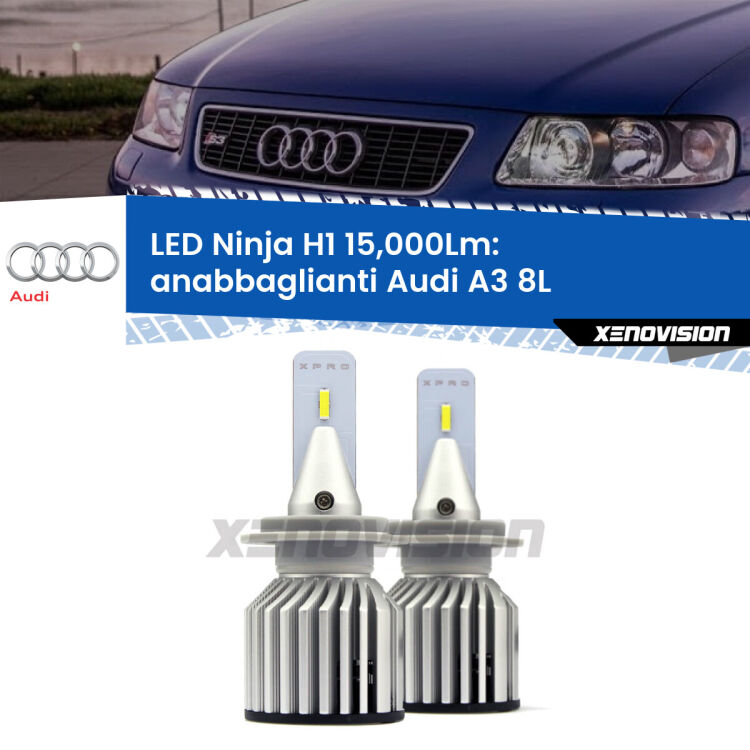 <strong>Kit anabbaglianti LED specifico per Audi A3</strong> 8L 2001 - 2003. Lampade <strong>H1</strong> Canbus da 15.000Lumen di luminosità modello Ninja Xenovision.