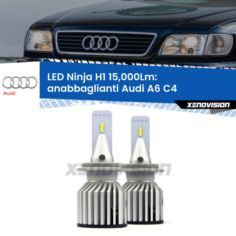 <strong>Kit anabbaglianti LED specifico per Audi A6</strong> C4 1994 - 1997. Lampade <strong>H1</strong> Canbus da 15.000Lumen di luminosità modello Ninja Xenovision.