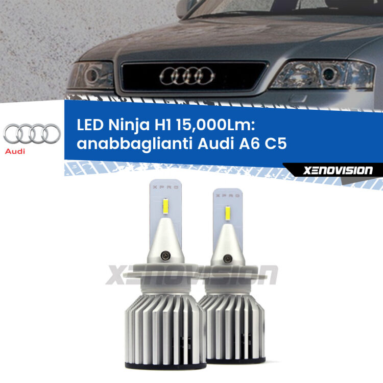 <strong>Kit anabbaglianti LED specifico per Audi A6</strong> C5 1997 - 2001. Lampade <strong>H1</strong> Canbus da 15.000Lumen di luminosità modello Ninja Xenovision.