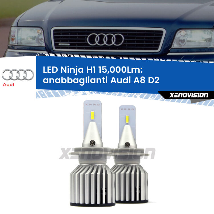 <strong>Kit anabbaglianti LED specifico per Audi A8</strong> D2 1994 - 2002. Lampade <strong>H1</strong> Canbus da 15.000Lumen di luminosità modello Ninja Xenovision.