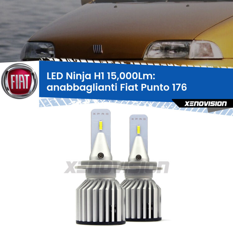 <strong>Kit anabbaglianti LED specifico per Fiat Punto</strong> 176 a parabola doppia. Lampade <strong>H1</strong> Canbus da 15.000Lumen di luminosità modello Ninja Xenovision.