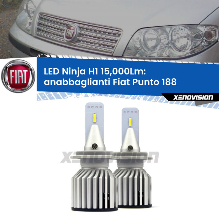 <strong>Kit anabbaglianti LED specifico per Fiat Punto</strong> 188 1999 - 2002. Lampade <strong>H1</strong> Canbus da 15.000Lumen di luminosità modello Ninja Xenovision.