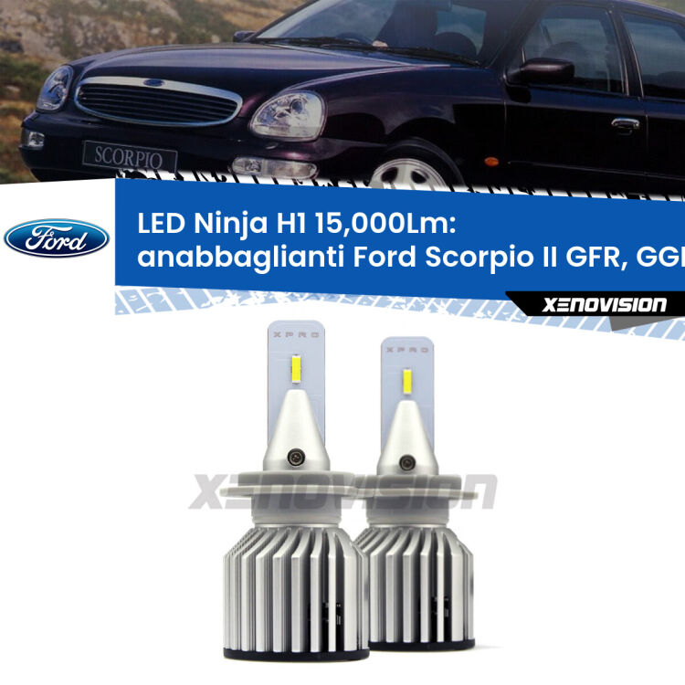 <strong>Kit anabbaglianti LED specifico per Ford Scorpio II</strong> GFR, GGR 1994 - 1998. Lampade <strong>H1</strong> Canbus da 15.000Lumen di luminosità modello Ninja Xenovision.