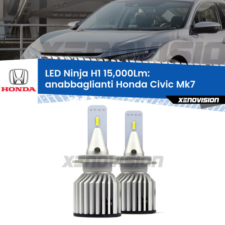 <strong>Kit anabbaglianti LED specifico per Honda Civic</strong> Mk7 2004 - 2005. Lampade <strong>H1</strong> Canbus da 15.000Lumen di luminosità modello Ninja Xenovision.