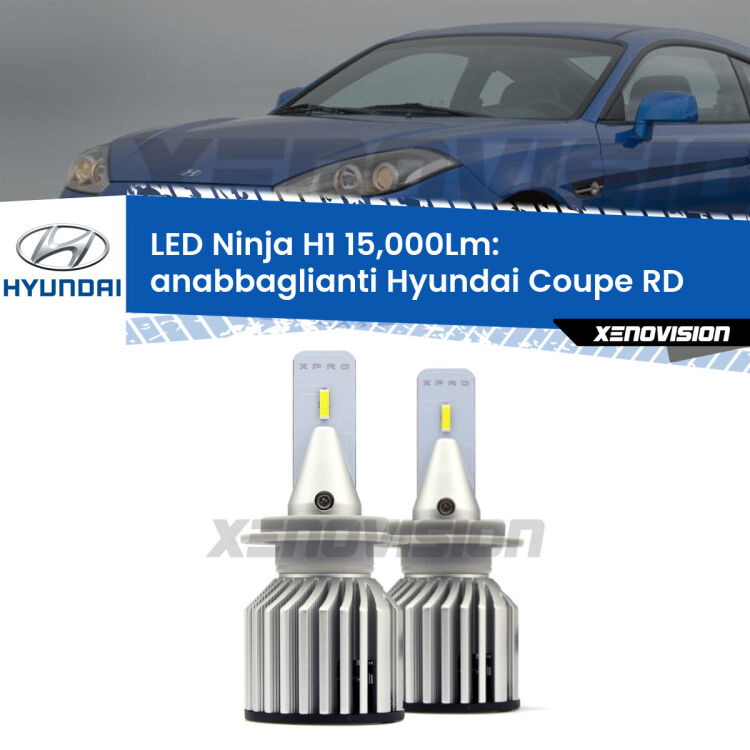 <strong>Kit anabbaglianti LED specifico per Hyundai Coupe</strong> RD 1996 - 1999. Lampade <strong>H1</strong> Canbus da 15.000Lumen di luminosità modello Ninja Xenovision.