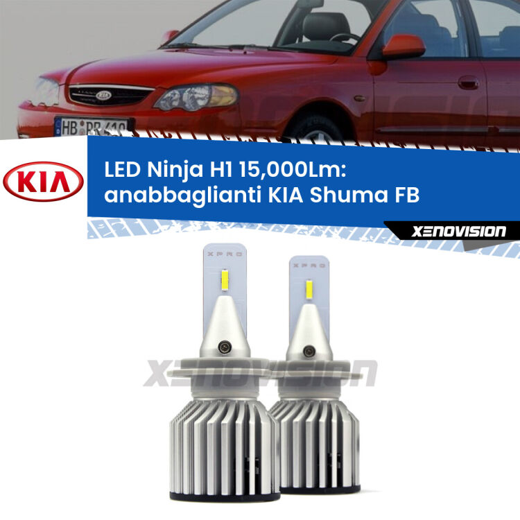 <strong>Kit anabbaglianti LED specifico per KIA Shuma</strong> FB 1997 - 2000. Lampade <strong>H1</strong> Canbus da 15.000Lumen di luminosità modello Ninja Xenovision.