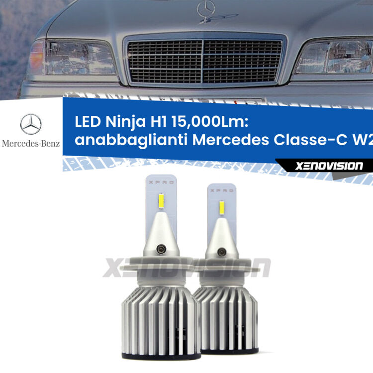 <strong>Kit anabbaglianti LED specifico per Mercedes Classe-C</strong> W202 1993 - 1996. Lampade <strong>H1</strong> Canbus da 15.000Lumen di luminosità modello Ninja Xenovision.