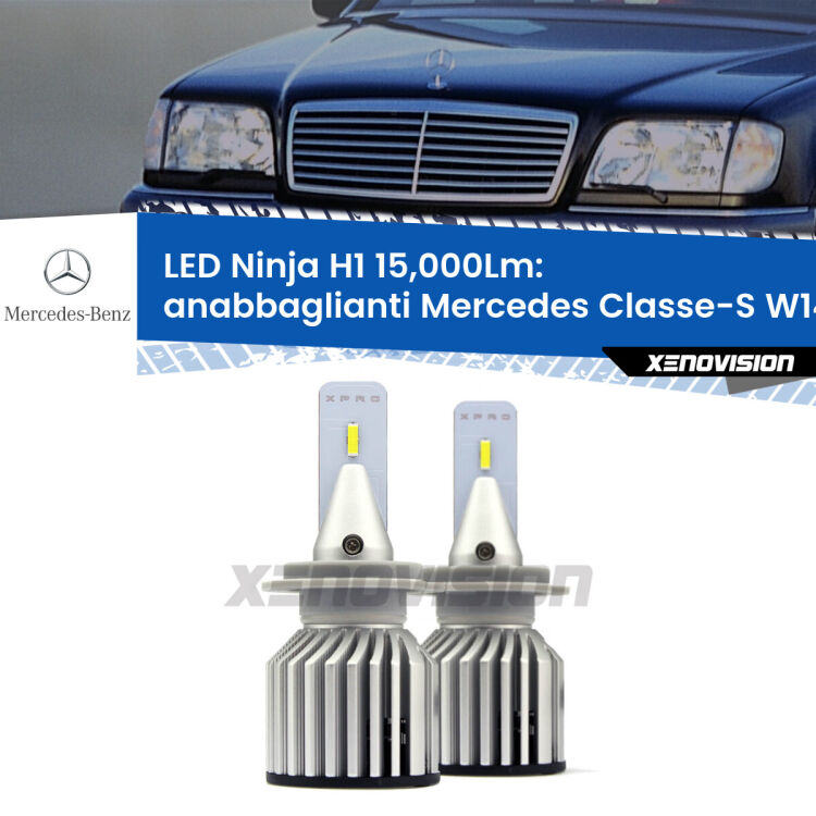 <strong>Kit anabbaglianti LED specifico per Mercedes Classe-S</strong> W140 1991 - 1994. Lampade <strong>H1</strong> Canbus da 15.000Lumen di luminosità modello Ninja Xenovision.