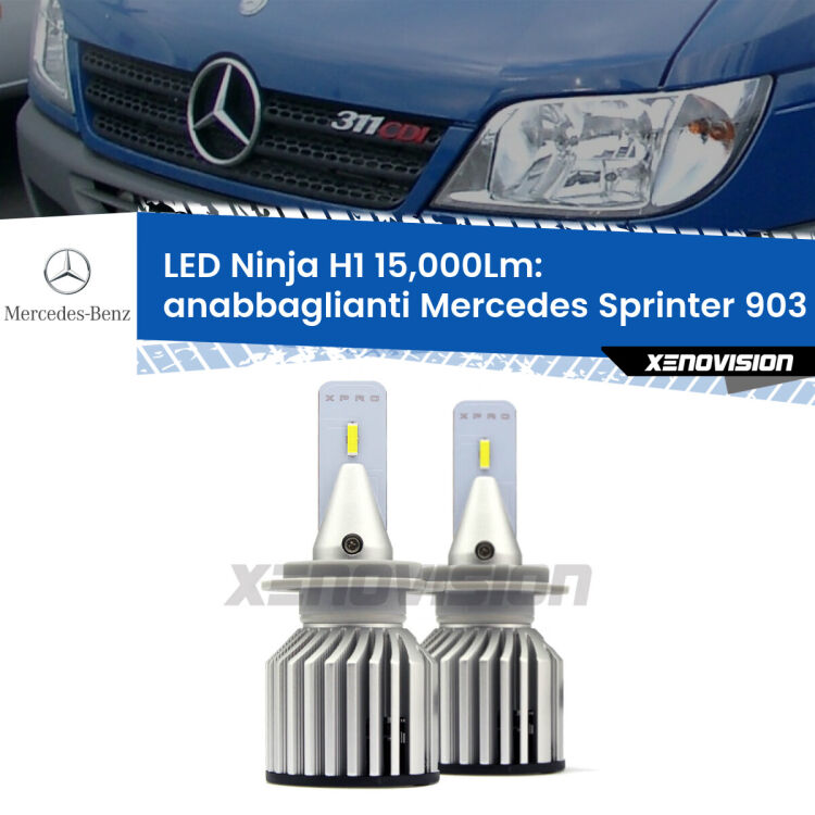 <strong>Kit anabbaglianti LED specifico per Mercedes Sprinter</strong> 903 1995 - 2000. Lampade <strong>H1</strong> Canbus da 15.000Lumen di luminosità modello Ninja Xenovision.