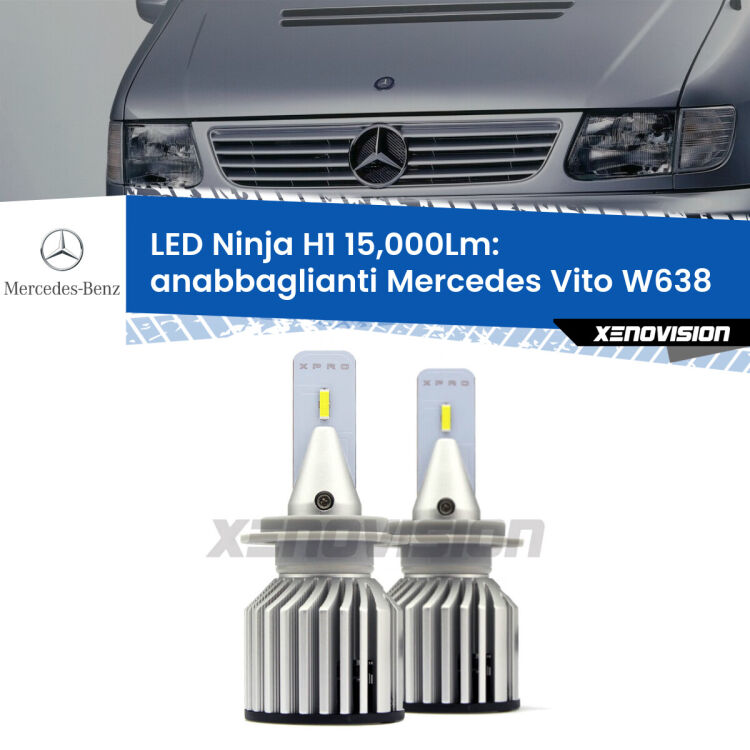 <strong>Kit anabbaglianti LED specifico per Mercedes Vito</strong> W638 1996 - 2003. Lampade <strong>H1</strong> Canbus da 15.000Lumen di luminosità modello Ninja Xenovision.