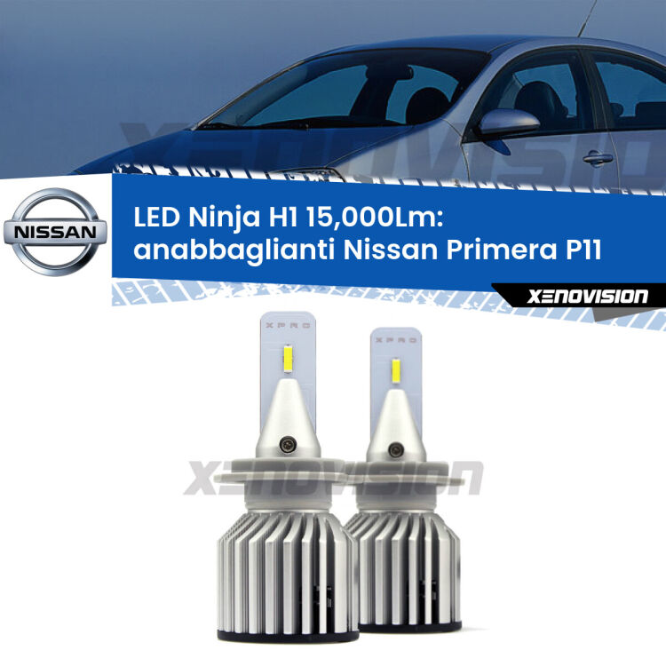 <strong>Kit anabbaglianti LED specifico per Nissan Primera</strong> P11 1996 - 1999. Lampade <strong>H1</strong> Canbus da 15.000Lumen di luminosità modello Ninja Xenovision.