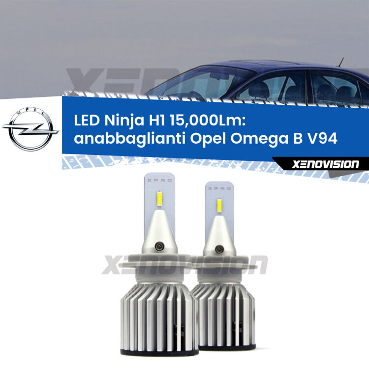 <strong>Kit anabbaglianti LED specifico per Opel Omega B</strong> V94 1994 - 2003. Lampade <strong>H1</strong> Canbus da 15.000Lumen di luminosità modello Ninja Xenovision.