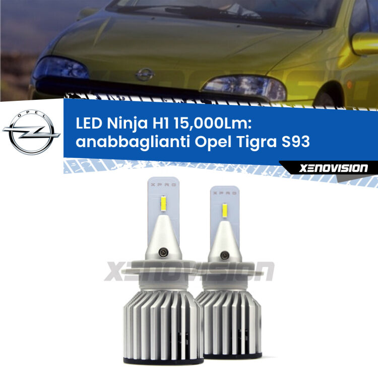 <strong>Kit anabbaglianti LED specifico per Opel Tigra</strong> S93 1994 - 2000. Lampade <strong>H1</strong> Canbus da 15.000Lumen di luminosità modello Ninja Xenovision.