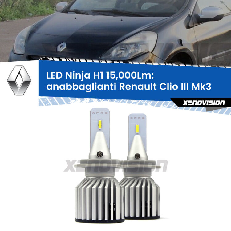 <strong>Kit anabbaglianti LED specifico per Renault Clio III</strong> Mk3 2005 - 2011. Lampade <strong>H1</strong> Canbus da 15.000Lumen di luminosità modello Ninja Xenovision.