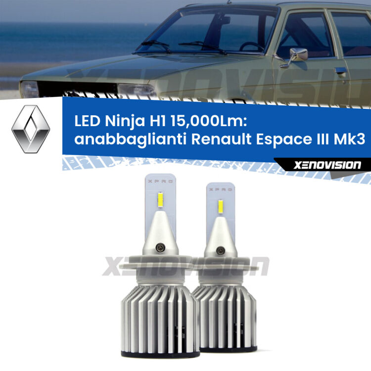 <strong>Kit anabbaglianti LED specifico per Renault Espace III</strong> Mk3 1996 - 2000. Lampade <strong>H1</strong> Canbus da 15.000Lumen di luminosità modello Ninja Xenovision.