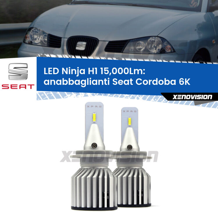 <strong>Kit anabbaglianti LED specifico per Seat Cordoba</strong> 6K prima serie. Lampade <strong>H1</strong> Canbus da 15.000Lumen di luminosità modello Ninja Xenovision.