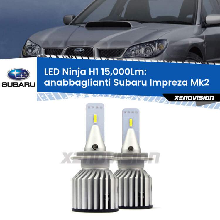 <strong>Kit anabbaglianti LED specifico per Subaru Impreza</strong> Mk2 a parabola doppia. Lampade <strong>H1</strong> Canbus da 15.000Lumen di luminosità modello Ninja Xenovision.