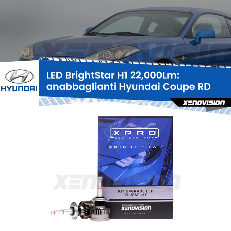Anabbaglianti LED H1 22,000Lm per Hyundai Coupe RD 1996 - 1999 <strong>Kit LED anabbaglianti per Hyundai Coupe</strong> RD 1996 - 1999. </strong>Due lampade Canbus H1 Brightstar da 22,000 Lumen. Qualità Massima.