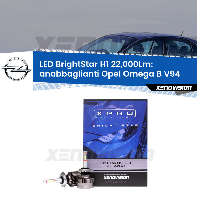 Anabbaglianti LED H1 22,000Lm per Opel Omega B V94 1994 - 2003 <strong>Kit LED anabbaglianti per Opel Omega B</strong> V94 1994 - 2003. </strong>Due lampade Canbus H1 Brightstar da 22,000 Lumen. Qualità Massima.