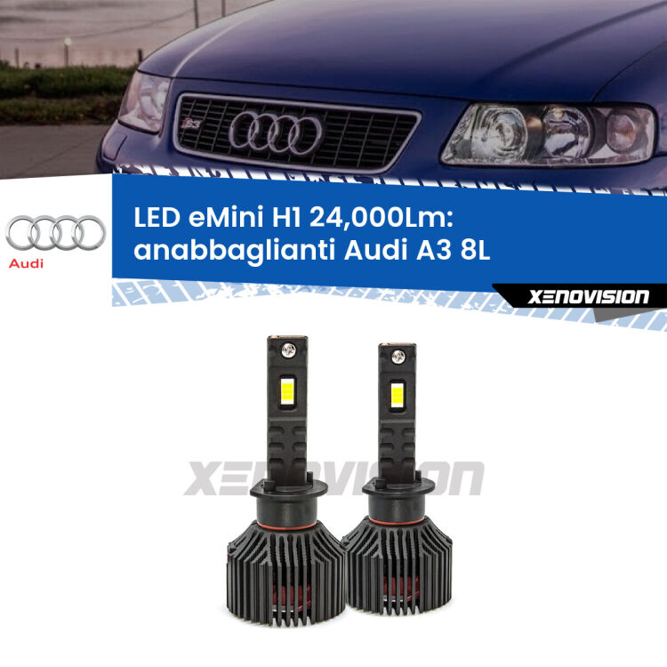 <strong>Kit anabbaglianti LED specifico per Audi A3</strong> 8L 2001 - 2003. Lampade <strong>H1</strong> Canbus e compatte 24.000Lumen Eagle Mini Xenovision.