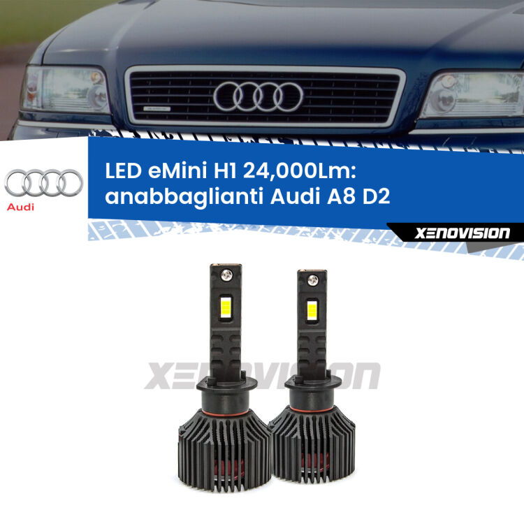 <strong>Kit anabbaglianti LED specifico per Audi A8</strong> D2 1994 - 2002. Lampade <strong>H1</strong> Canbus e compatte 24.000Lumen Eagle Mini Xenovision.