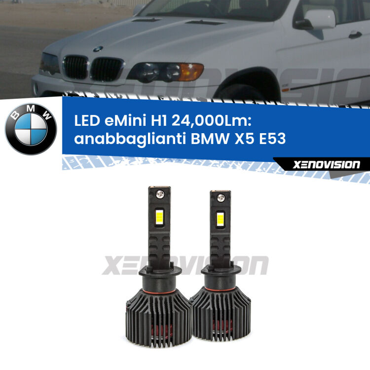 <strong>Kit anabbaglianti LED specifico per BMW X5</strong> E53 2003 - 2005. Lampade <strong>H1</strong> Canbus e compatte 24.000Lumen Eagle Mini Xenovision.