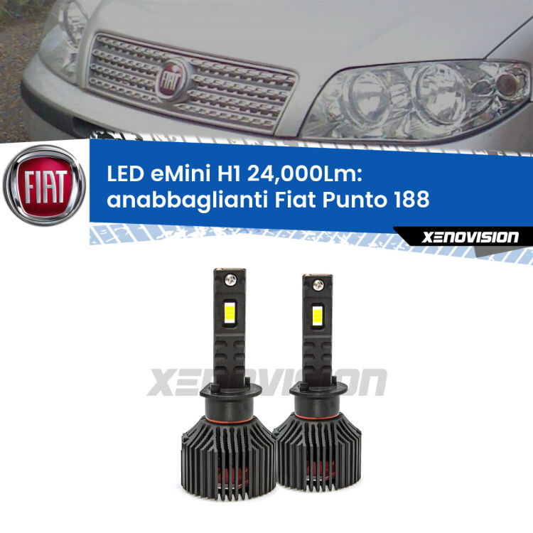 <strong>Kit anabbaglianti LED specifico per Fiat Punto</strong> 188 1999 - 2002. Lampade <strong>H1</strong> Canbus e compatte 24.000Lumen Eagle Mini Xenovision.