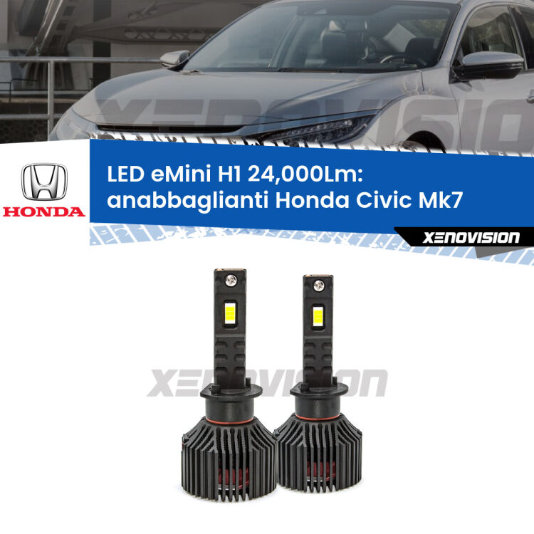 <strong>Kit anabbaglianti LED specifico per Honda Civic</strong> Mk7 2004 - 2005. Lampade <strong>H1</strong> Canbus e compatte 24.000Lumen Eagle Mini Xenovision.