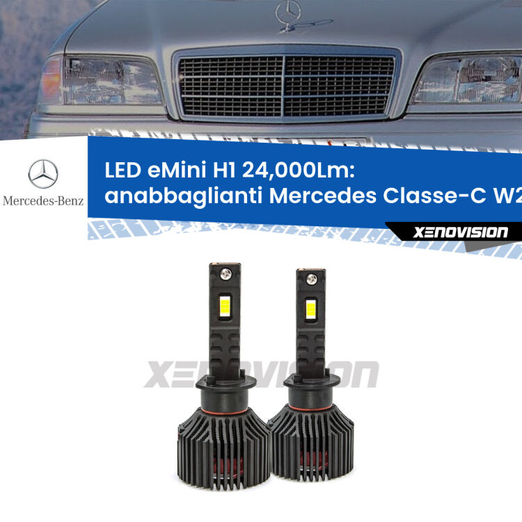 <strong>Kit anabbaglianti LED specifico per Mercedes Classe-C</strong> W202 1993 - 1996. Lampade <strong>H1</strong> Canbus e compatte 24.000Lumen Eagle Mini Xenovision.