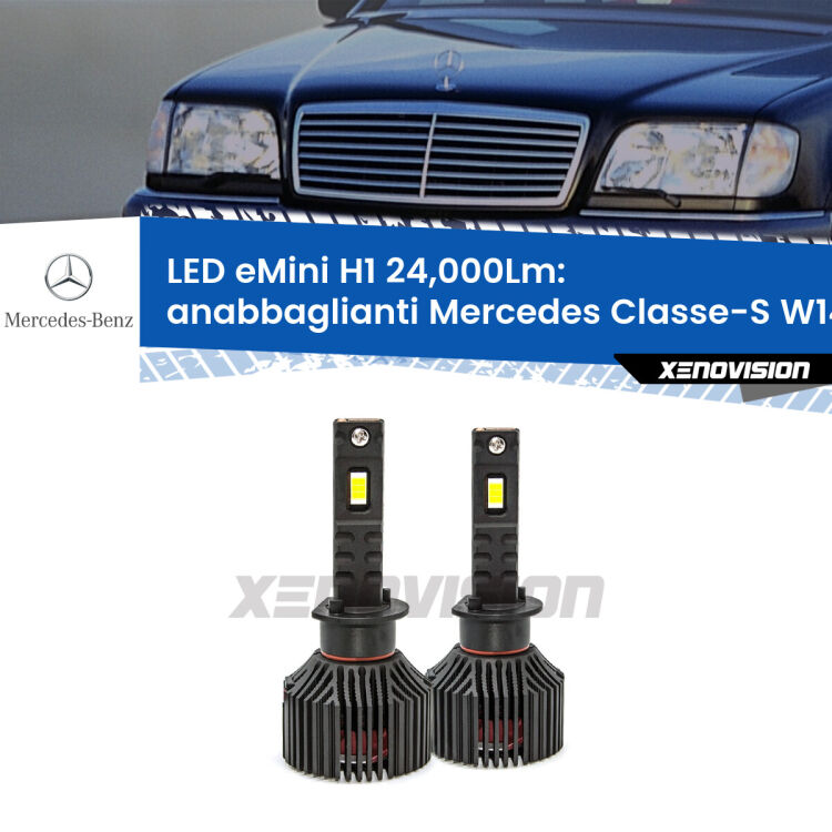 <strong>Kit anabbaglianti LED specifico per Mercedes Classe-S</strong> W140 1991 - 1994. Lampade <strong>H1</strong> Canbus e compatte 24.000Lumen Eagle Mini Xenovision.