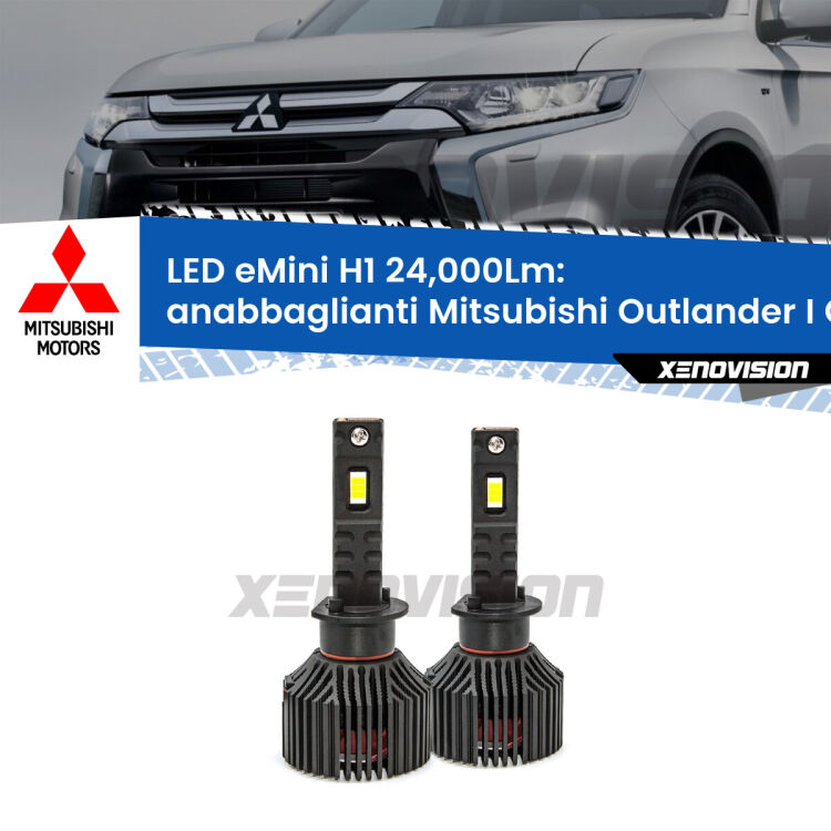 <strong>Kit anabbaglianti LED specifico per Mitsubishi Outlander I</strong> CU a parabola doppia. Lampade <strong>H1</strong> Canbus e compatte 24.000Lumen Eagle Mini Xenovision.