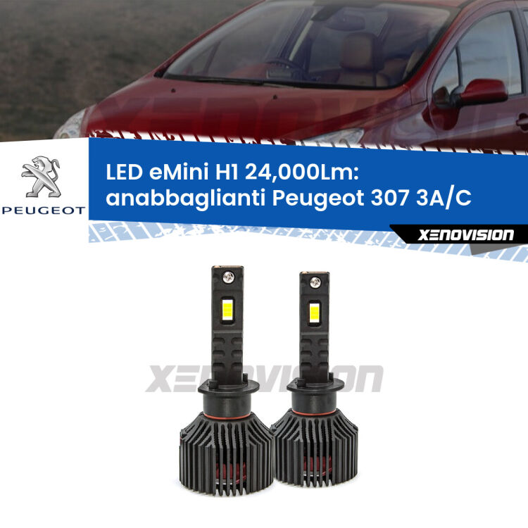 <strong>Kit anabbaglianti LED specifico per Peugeot 307</strong> 3A/C 2005 - 2009. Lampade <strong>H1</strong> Canbus e compatte 24.000Lumen Eagle Mini Xenovision.