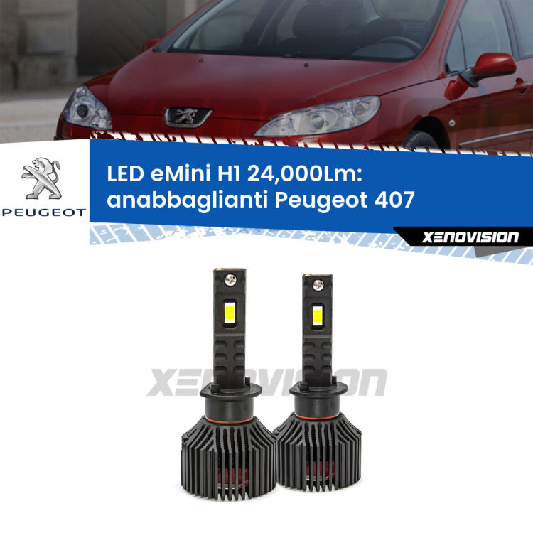 <strong>Kit anabbaglianti LED specifico per Peugeot 407</strong>  2004 - 2011. Lampade <strong>H1</strong> Canbus e compatte 24.000Lumen Eagle Mini Xenovision.