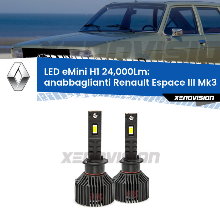 <strong>Kit anabbaglianti LED specifico per Renault Espace III</strong> Mk3 1996 - 2000. Lampade <strong>H1</strong> Canbus e compatte 24.000Lumen Eagle Mini Xenovision.