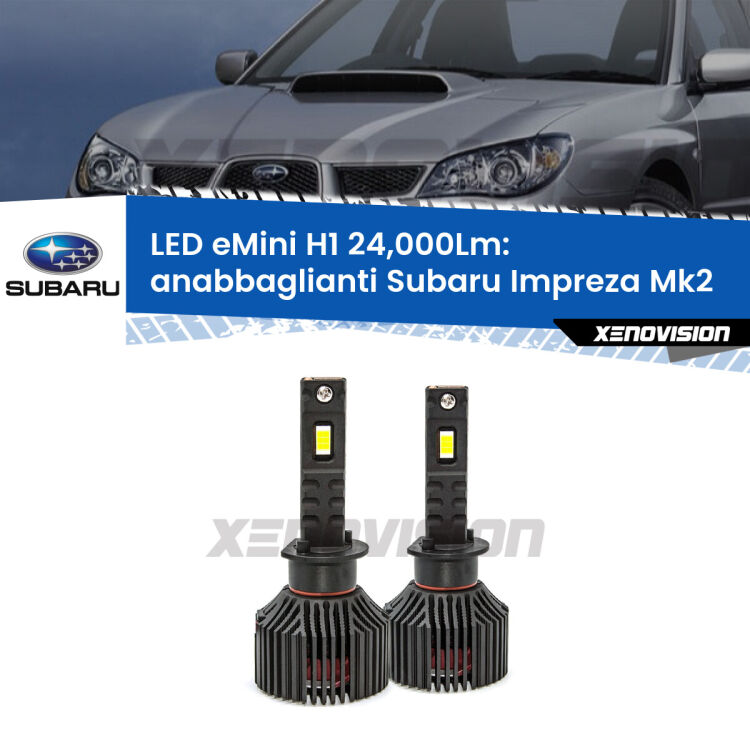 <strong>Kit anabbaglianti LED specifico per Subaru Impreza</strong> Mk2 a parabola doppia. Lampade <strong>H1</strong> Canbus e compatte 24.000Lumen Eagle Mini Xenovision.