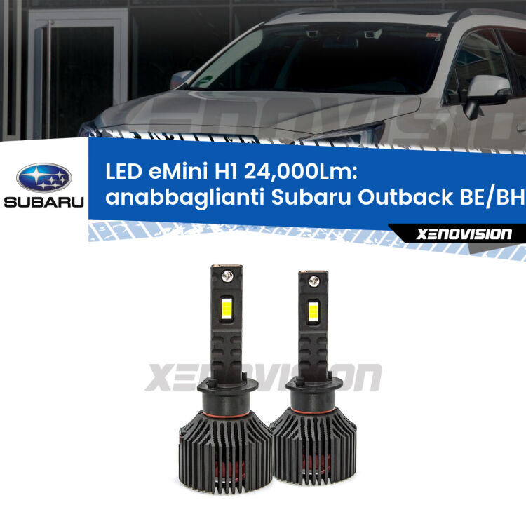 <strong>Kit anabbaglianti LED specifico per Subaru Outback</strong> BE/BH 2000 - 2003. Lampade <strong>H1</strong> Canbus e compatte 24.000Lumen Eagle Mini Xenovision.