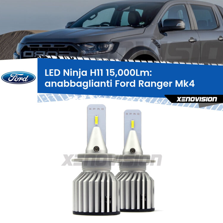 <strong>Kit anabbaglianti LED specifico per Ford Ranger</strong> Mk4 2011 - 2018. Lampade <strong>H11</strong> Canbus da 15.000Lumen di luminosità modello Ninja Xenovision.