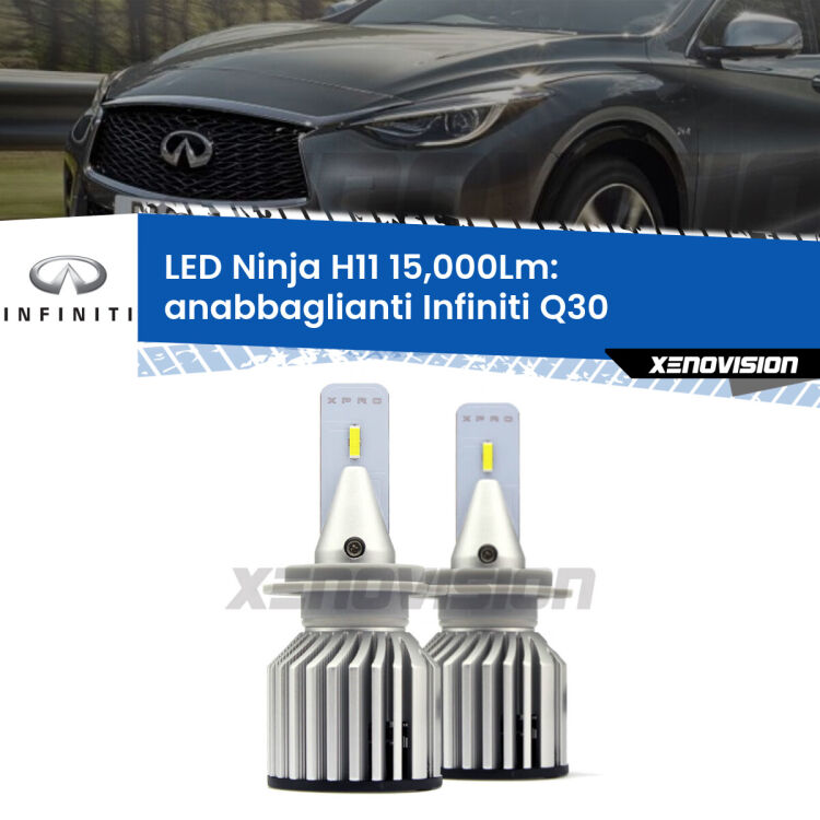 <strong>Kit anabbaglianti LED specifico per Infiniti Q30</strong>  2015 - 2019. Lampade <strong>H11</strong> Canbus da 15.000Lumen di luminosità modello Ninja Xenovision.