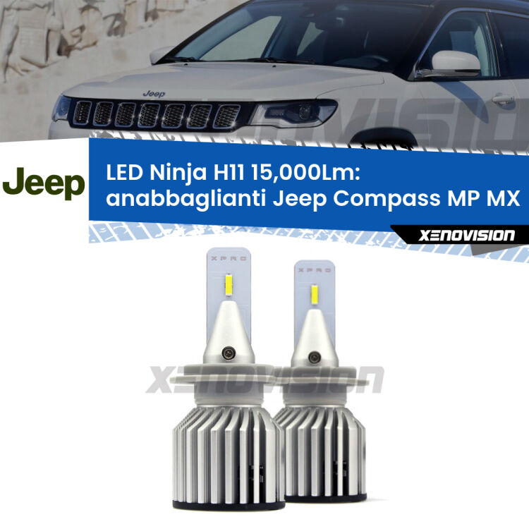 <strong>Kit anabbaglianti LED specifico per Jeep Compass</strong> MP MX 2017 in poi. Lampade <strong>H11</strong> Canbus da 15.000Lumen di luminosità modello Ninja Xenovision.