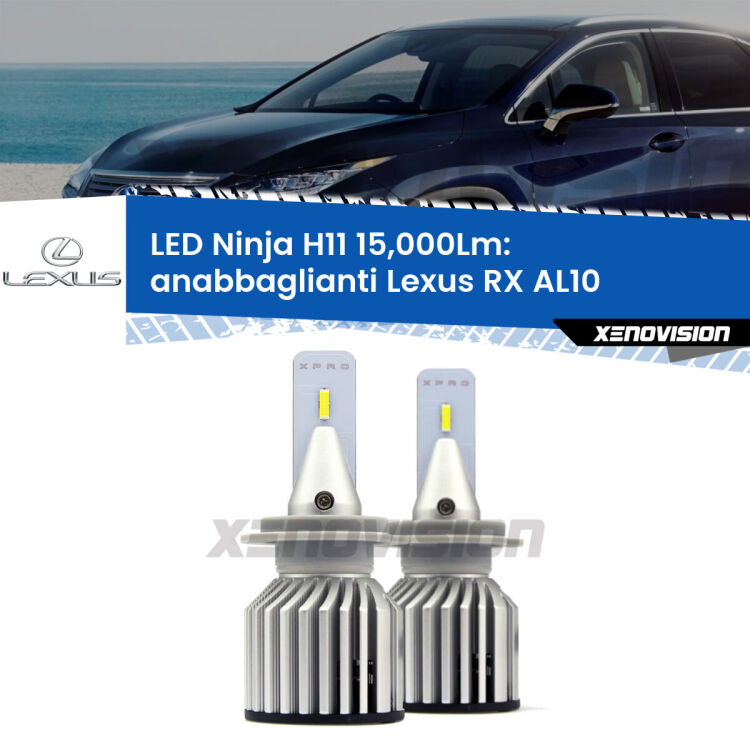 <strong>Kit anabbaglianti LED specifico per Lexus RX</strong> AL10 2008 - 2015. Lampade <strong>H11</strong> Canbus da 15.000Lumen di luminosità modello Ninja Xenovision.