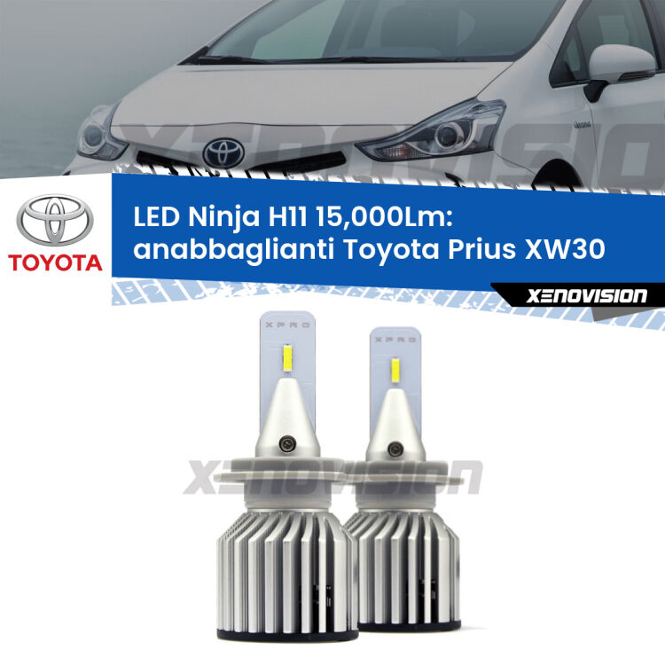 <strong>Kit anabbaglianti LED specifico per Toyota Prius</strong> XW30 2008 - 2014. Lampade <strong>H11</strong> Canbus da 15.000Lumen di luminosità modello Ninja Xenovision.