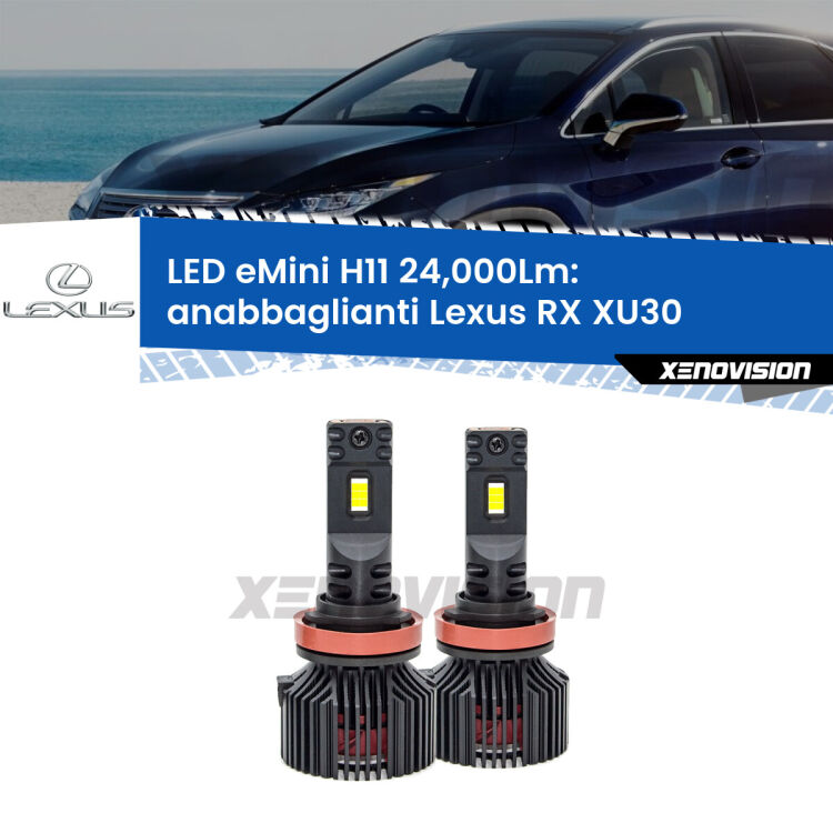 <strong>Kit anabbaglianti LED specifico per Lexus RX</strong> XU30 2003 - 2008. Lampade <strong>H11</strong> Canbus compatte da 24.000Lumen Eagle Mini Xenovision.