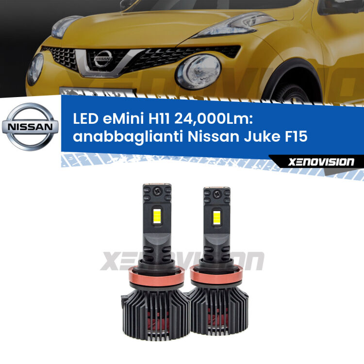 <strong>Kit anabbaglianti LED specifico per Nissan Juke</strong> F15 2014 - 2018. Lampade <strong>H11</strong> Canbus compatte da 24.000Lumen Eagle Mini Xenovision.