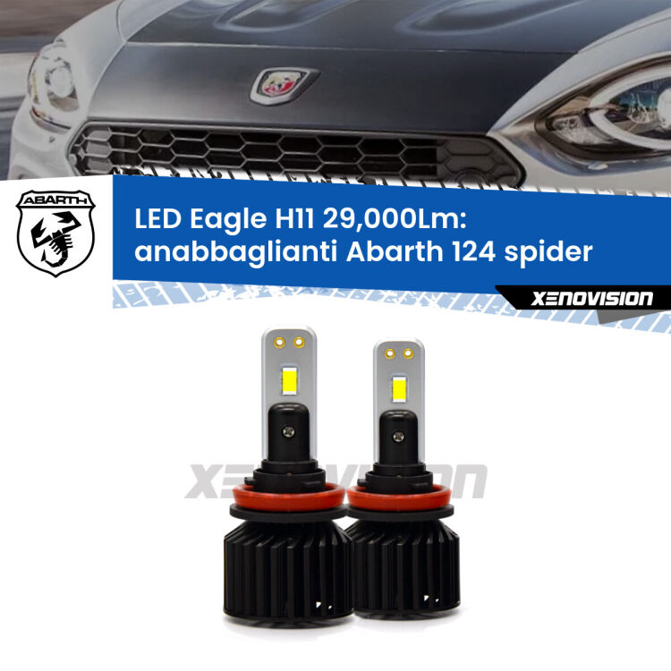 Anabbaglianti LED H11 29,000Lm per Abarth 124 spider 2016 - 2019 <strong>Kit anabbaglianti LED specifico per Abarth 124 spider</strong> 2016 - 2019. Lampade <strong>H11</strong> Canbus da 29.000Lumen di luminosità modello Eagle Xenovision.