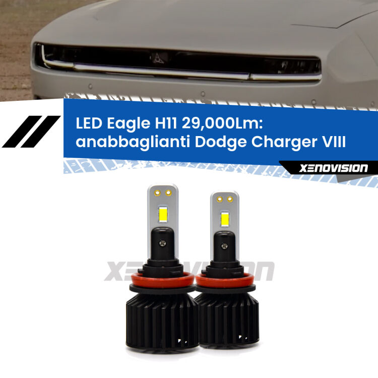 Anabbaglianti LED H11 29,000Lm per Dodge Charger VIII 2024 in poi <strong>Kit anabbaglianti LED specifico per Dodge Charger</strong> VIII 2024 in poi. Lampade <strong>H11</strong> Canbus da 29.000Lumen di luminosità modello Eagle Xenovision.