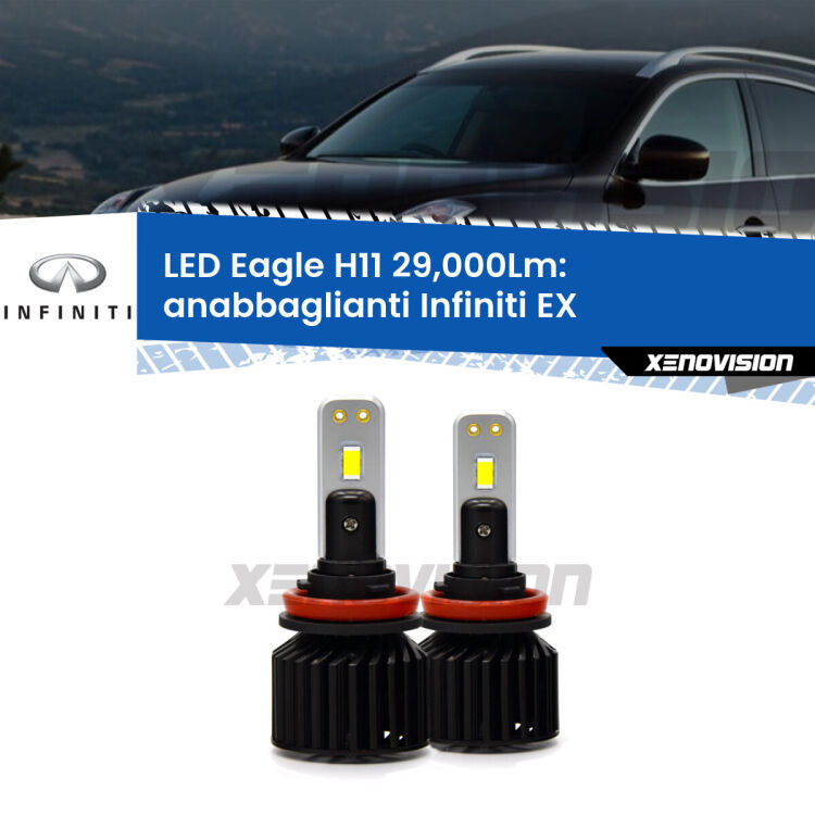 0 Anabbaglianti LED H11 29,000Lm per Infiniti EX 2008 in poi <strong>Kit anabbaglianti LED specifico per Infiniti EX</strong> 2008 in poi. Lampade <strong>H11</strong> Canbus da 29.000Lumen di luminosità modello Eagle Xenovision.