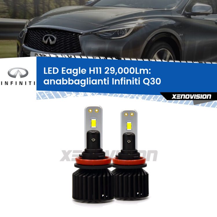 Anabbaglianti LED H11 29,000Lm per Infiniti Q30 2015 - 2019 <strong>Kit anabbaglianti LED specifico per Infiniti Q30</strong> 2015 - 2019. Lampade <strong>H11</strong> Canbus da 29.000Lumen di luminosità modello Eagle Xenovision.